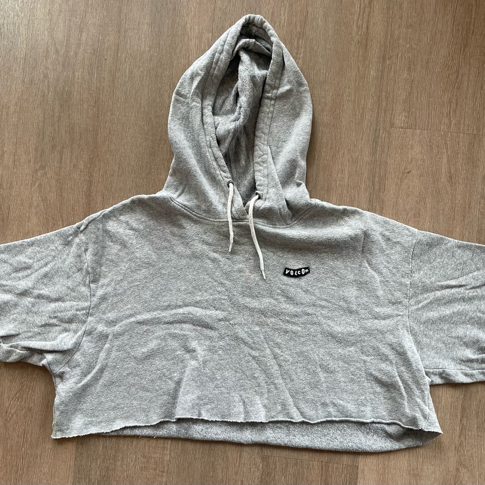 Gray Cropped Hoodie with Logo